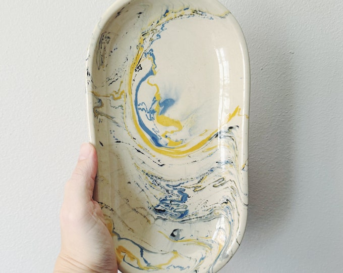 Marbled Blue, Yellow, and White Ceramic Tray, ceramic serving plate, marbled shallow platter, ceramic pottery serving piece jewelry dish