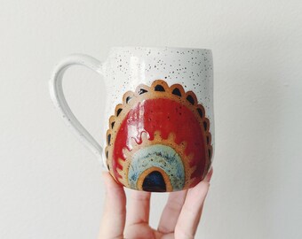 Multicolor Rainbow Ceramic Mug, white coffee cup with rainbow design, speckled white pottery wheel thrown white coffee mug