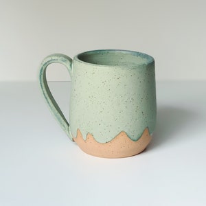 Pistachio Green Ceramic Mug, wheel thrown coffee mug, stoneware speckled pottery mug scalloped cloud design green mug image 1