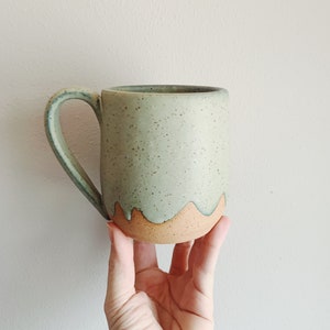 Pistachio Green Ceramic Mug, wheel thrown coffee mug, stoneware speckled pottery mug scalloped cloud design green mug image 4