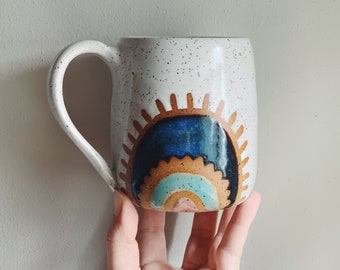 Multicolor Rainbow Ceramic Mug, white coffee cup with rainbow design, speckled white pottery wheel thrown white coffee mug