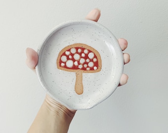 Mushroom Ceramic Spoon Rest, handmade toadstool spoon holder, wheel thrown pottery spoon rest stovetop spoon rest speckled ceramics
