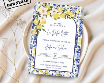 イタリアンレモンのブライダルシャワー招待状、地中海の青いタイルの