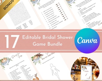 May include: A collection of printable bridal shower games and table numbers. The bundle includes games like "He Said, She Said" and "What's in your handbag?" with a coffee and floral design. The text reads "17 Editable Bridal Shower Game Bundle".