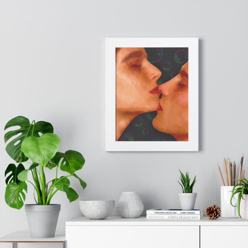 LGBTQIA Kissing Couple Art Print Framed Vertical Poster Small Gift for