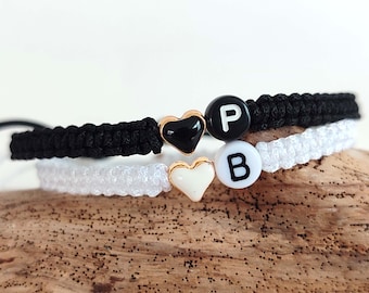 Personalized Matching Letter Bracelet, Custom Initial Macrame Bracelet, Black White Couple Bracelet, Adjustable Friendship Bracelet