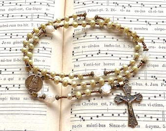 One of a kind rosary Consolatrix Afflictorum, pure bronze, cultured pearls heirloom quality rosary, made in Luxembourg, Rosenkranz-Atelier