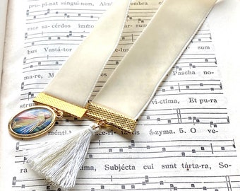 Catholic bookmark Divine Mercy, light cream velvet ribbon, merciful Jesus, handmade, communion, confirmation gift, Rosenkranz-Atelier