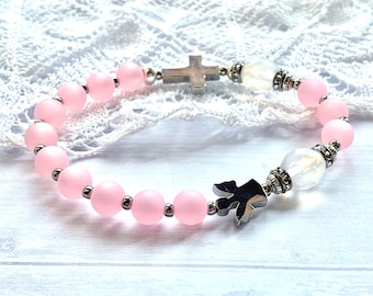Girl's elastic rosary bracelet, Guardian angel, catholic jewelry, communion, confirmation gift, stainless steel, pink, Rosenkranz-Atelier