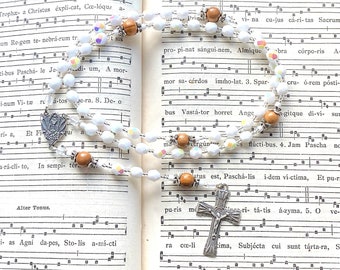 First communion sterling silver rosary, catholic rosary beads, white crystal and olive wood, heirloom catholic gift, Rosenkranz-Atelier