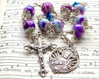 Novena rosary Sacred Heart and Immaculate Heart, Sterling silver Niner devotion chaplet, handmade one of a kind rosary, Rosenkranz-Atelier