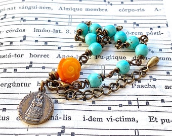 Bronze rosary bracelet turquoise and coral, Our Lady of Luxembourg, Consolatrix Afflictorum, catholic jewelry, Rosenkranz-Atelier