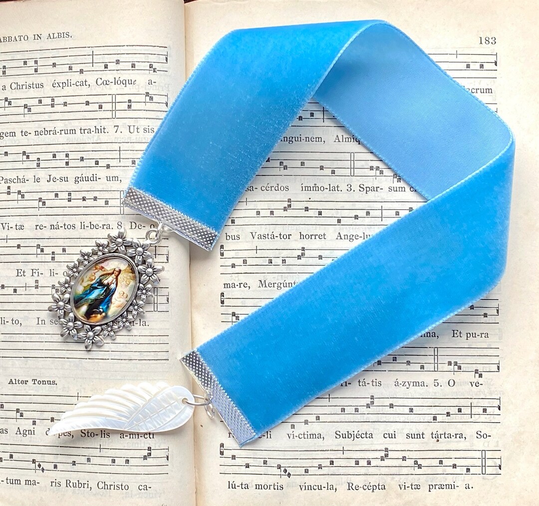 カトリックのブックマーク：天使の女王の聖母メダル、ブルーベルベット