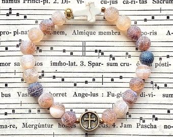 Bronze rosary bracelet, beige and brown stretch elastic cross bracelet, confirmation gift, catholic jewelry, Rosenkranz-Atelier