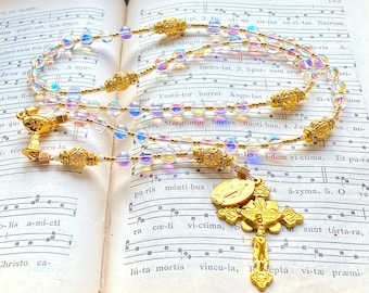 Gold plated catholic rosary, handmade, rosary beads, girl first communion gift, catholic gift, aura crystal prayer beads, Rosenkranz-Atelier