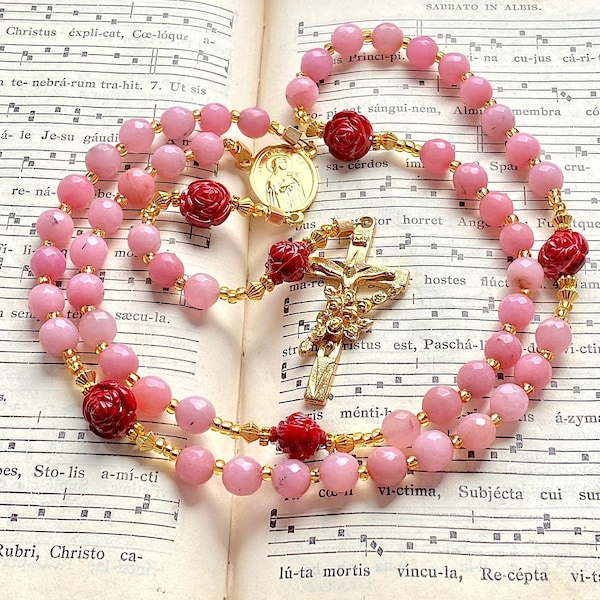 Saint Therese gold plated large rosary, faceted pink jade traditional catholic rosary beads, communion, Little Flower, Rosenkranz-Atelier