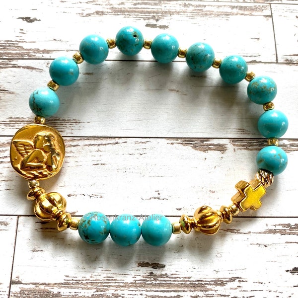 Rosary, stretch bracelet, Guardian Angel medal,  turquoise howlith, gold plated, stack bracelet, catholic jewelry, Rosenkranz-Atelier