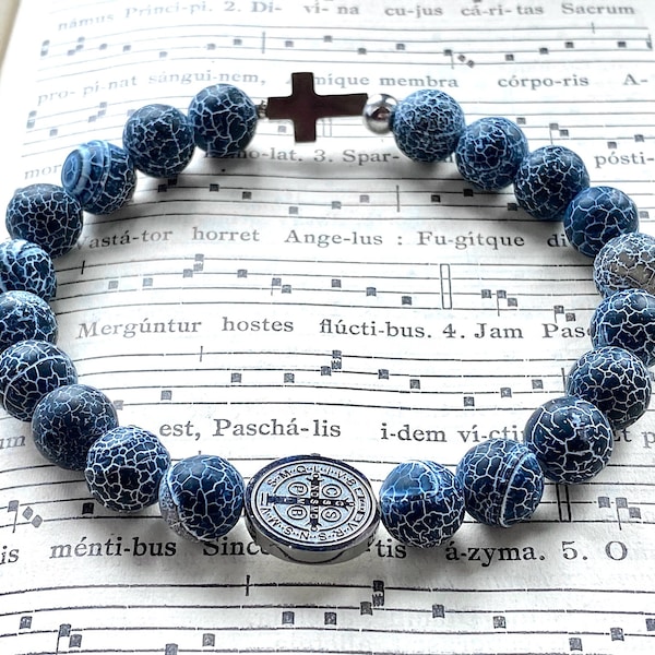 Men's rosary bracelet, black stretch rosary, elastic bracelet, St. Benedict, stainless steel, Catholic jewelry for men, Rosenkranz-Atelier
