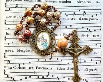 Saint Joseph pocket rosary, vintage style brass rosary, hand made medal, traditional catholic gift, olive wood, Rosenkranz-Atelier