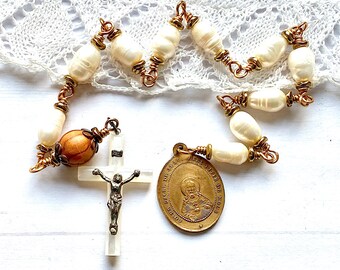 Single decade rosary beads, Immaculate and Sacred Heart, antique medal and mother of pearl crucifix, one of a kind, Rosenkranz-Atelier