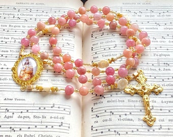 Large rosary Consolatrix Afflictorum, traditional catholic rosary beads, pink semiprecious stones gold plated rosary, Rosenkranz-Atelier