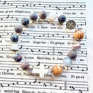 Agate Rosary Bracelet: St Benedict Medal, Olive Wood Cross