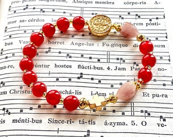 Gold  stretch rosary bracelet,Saint Benedict medal with exorcism prayer, confirmation gift, catholic woman jewelry, Rosenkranz-Atelier