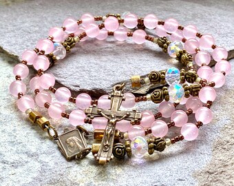 Rose quartz rosary beads Immaculata, catholic, bronze rosary, baptism, first communion, catholic gift, prayer beads, Rosenkranz-Atelier