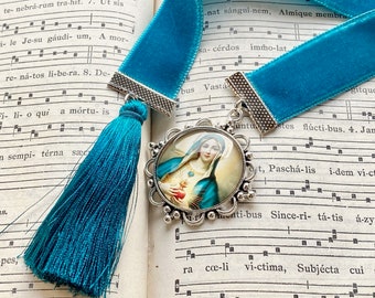 Catholic bookmark Immaculate Heart,  blue velvet ribbon, catholic gift, first communion, confirmation, bible bookmark, Rosenkranz-Atelier