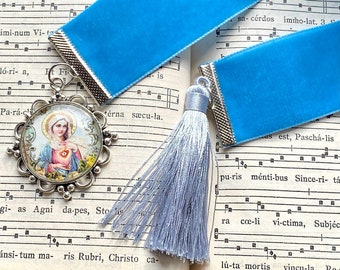 Catholic bookmark Immaculate Heart, sky blue velvet ribbon, catholic gift, first communion, confirmation, bible bookmark, Rosenkranz-Atelier