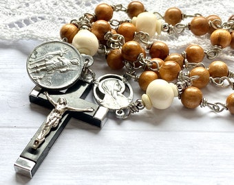 Vintage St.Hubert medal rosary, wire wrapped olive wood rosary beads, antique Lourdes crucifix, rosary for hunters,  Rosenkranz-Atelier