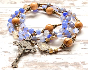 Pure bronze catholic rosary beads, Sacred Heart rosary, blue gemstone rosary,Holy Land  olive wood,  handmade, Rosenkranz-Atelier