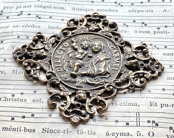 Large hand cast antique bronze replica medal, Dialect Carmeli medal, Our Lady of the Carmel, Scapular medal
