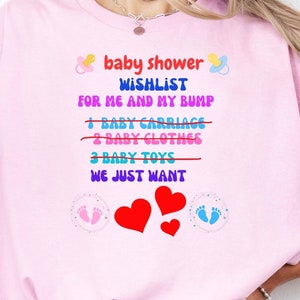 schönes Babyparty-T-Shirt, Babyparty-Wunschliste mit Liebe, Babypartygeschenk, Mama-Geschenk, werdende Mama-Geschenk, lustiges Babyparty-Geschenk Spaßgeschenk