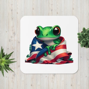 Drink Coaster with Puerto Rican Coqui Emblem Wraped in Puerto Rican Flag | Ceramic Coaster Cork Backed  | Bar Accessory