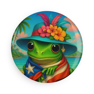 Lady Coqui Button Magnet, Round, Cute Puerto Rican Frog Design, Refrigerator Decor, Fridge Decoration, Gift for Her, Puerto Rican Culture,