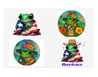 Puerto Rican Coquí and Flag Stickers, Holographic, White & Transparent Vinyl, Boricua Pride