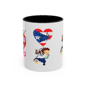 May include: White ceramic mug with a black rim and handle. The mug features a heart-shaped design with the Puerto Rican flag and the text "Puerto Rico". The mug also features a map of Puerto Rico with various icons, including a windmill, a lighthouse, and a flower.
