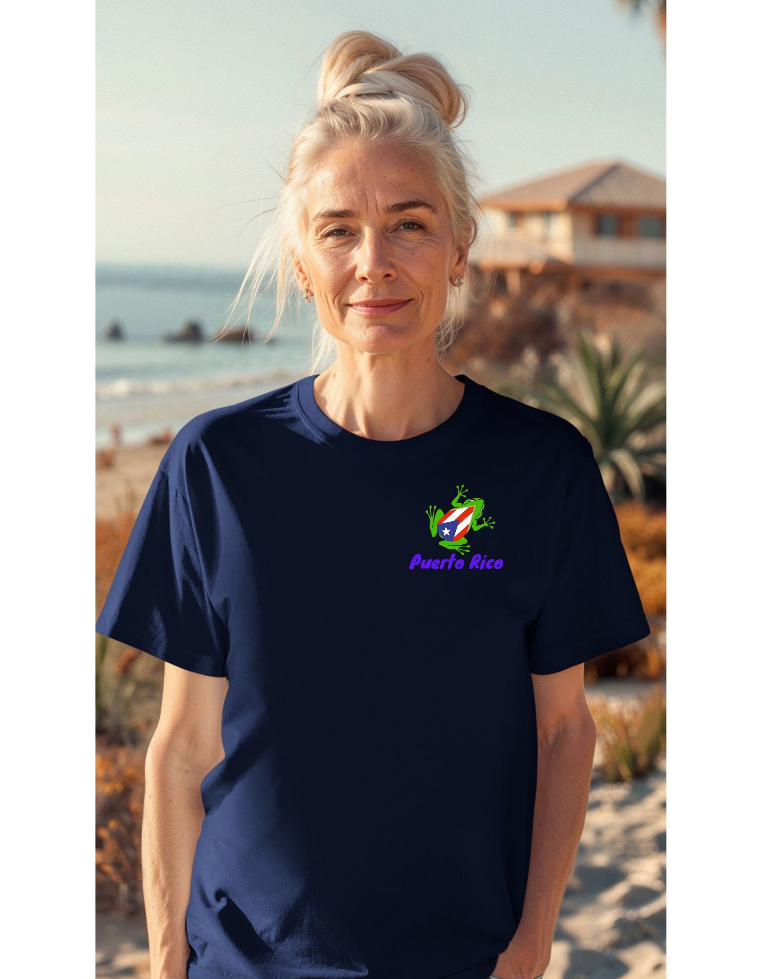 Lady t-shirt, Puerto Rican coqui T-shirt, fashionable trendy t-shirt with coqui on front pocket area, Puerto Rico loyalty T-shirt, Trendy T
