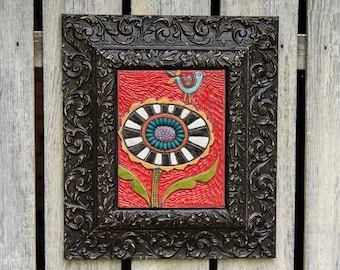 Ceramic Tile Wall Art with Mosaic Touches in Vintage Frame - READY to SHIP -  Bird on Blossom in Red Sky