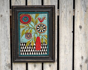 Ceramic Tile Wall Art with Mosaic Touches in Vintage Wood Frame - READY to SHIP -  Little Visitor