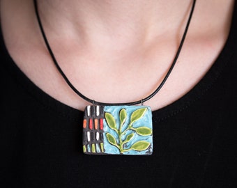 Pendant Necklace for Women, READY to SHIP, Ceramic Tile Necklace, Green Vine Pendant on Leather Necklace
