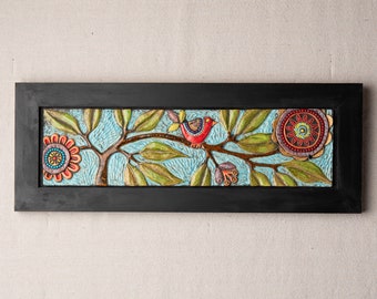Tile Wall Art, Mosaic Art in Wood Frame - Bird on Branch - READY TO SHIP -  Horizontal Art