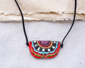 Bold Pendant Necklace on Adjustable Leather Cord, Ceramic Halfmoon Necklace, Colorful Ceramic Jewelry, Global Folk Botanic,  MADE to ORDER