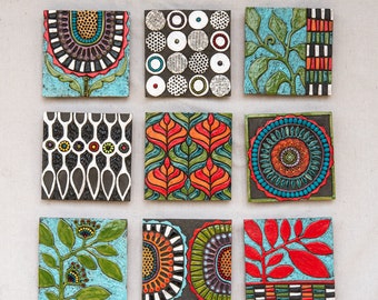 Mounted Handmade Tile (one - select from 9 patterns) Ceramic Wall Sculpture, 8 inch Square Tile, MADE to ORDER