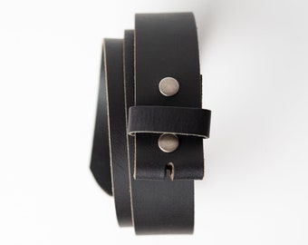 Leather Snap Belt BLACK Leather Belt Strap for Buckle, 1.5 Inch Wide Belt, Jeans Belt