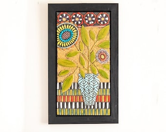 Ceramic and Mosaic Wall Art, MADE to ORDER, Framed Ceramic and Mosaic Still Life Flowers - Sunflower with Suzani Band - by Romy and Clare