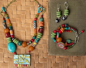 Colorful Statement Necklace, Bracelet, Earrings, Ceramic & Mosaic Pendant with Chunky Turquoise, Coral - READY to SHIP