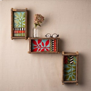 Shelf Set of Three with Ceramic and Mosaic Art Framed in Vintage Indian Brick Molds - MADE to ORDER by Romy and Clare