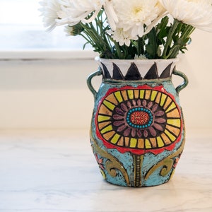 Vase for Flowers, Hand Thrown and Hand Carved Ceramic and Mosaic Vase MADE to ORDER Bold Blossom image 1